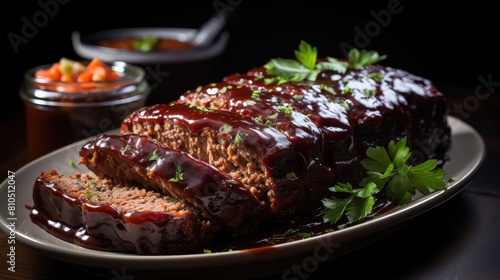 delicious meatloaf with vegetable topping  black and blurred background