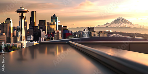  Seattle City Desk: An urban-inspired workstation with a sleek L-shaped desk and a city skyline backdrop, showcasing the iconic Space Needle and Mount Rainier in the distance, embodying Seattle