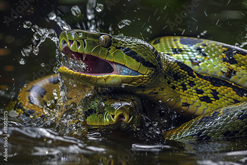Green anaconda fighting in pond.