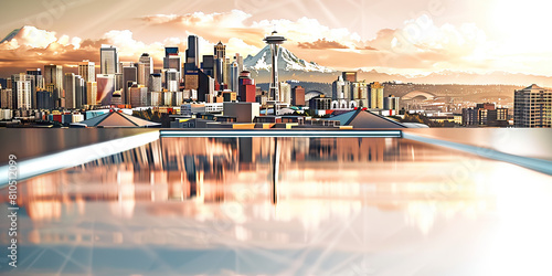  Seattle City Desk  An urban-inspired workstation with a sleek L-shaped desk and a city skyline backdrop  showcasing the iconic Space Needle and Mount Rainier in the distance  embodying Seattle
