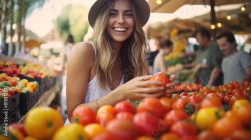 A woman is standing in front of a pile of tomatoes at the market. and appears to be holding several tomatoes