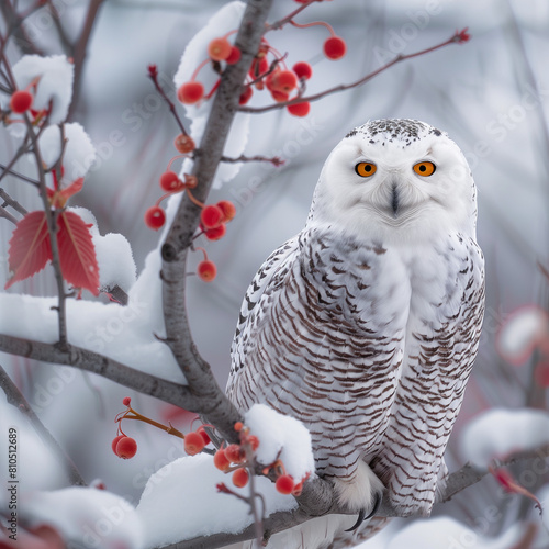 Snowy Owl Perched on a Snow-Covered Branch with Red Berries