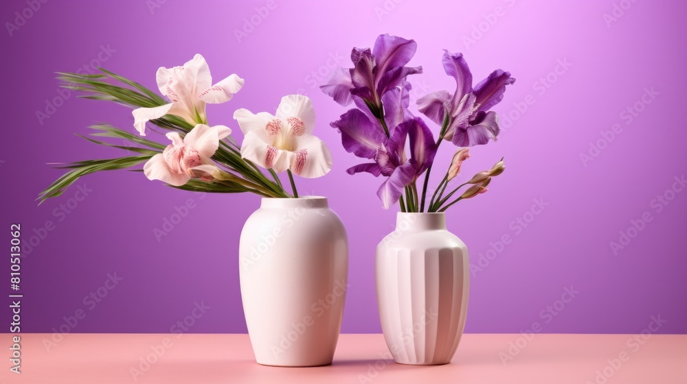 a pair of flower vases on a table with a purple background .AI generated image