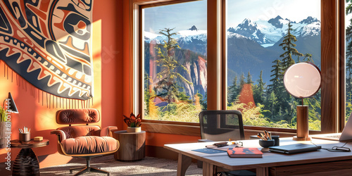 Northwest Desk: A cozy and modern workspace adorned with indigenous art and a stunning view of the Cascade Range, showcasing the unique beauty of the Northwestern United States