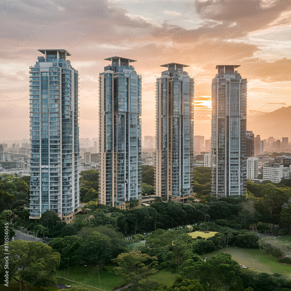 Obraz premium Sky scrapper buildings in lush green urban area for real estate