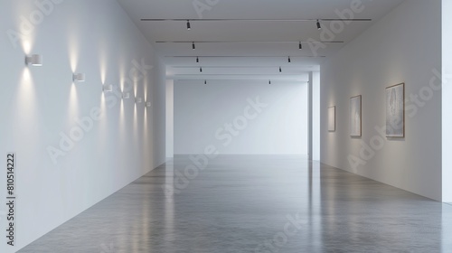 A sleek modern art gallery with white walls and a polished concrete floor  minimalistic light fixtures casting soft  even light. 32k  full ultra hd  high resolution