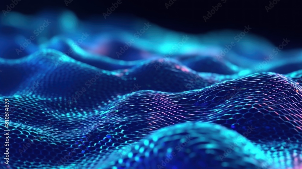 Three-dimensional waves made of geometric grid. The structure shimmers in blue and purple, creating a stunning and futuristic visual effect Three-dimensional waves made of geometric grid. The structure shimmers in blue and purple, creating a stunning and futuristic visual effect