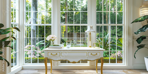 Elegant New England Home Office: A sophisticated home office boasting a white-painted desk with gold accents, flanked by tall sash windows overlooking a lush garden, creating a serene and stylish work