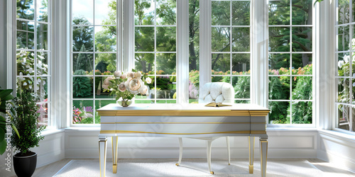 Elegant New England Home Office: A sophisticated home office boasting a white-painted desk with gold accents, flanked by tall sash windows overlooking a lush garden, creating a serene and stylish work photo