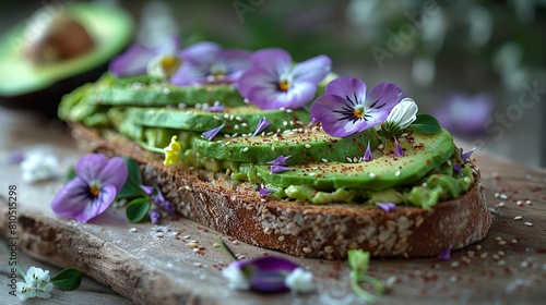 Delicate avocado spread on artisan bread decorated with purple and white flowers, arranged on an aged wooden surface.