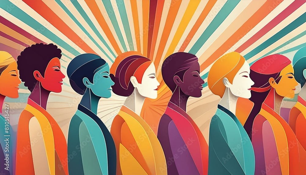 Colorful illustration of women representing the concept of diversity, equity and inclusion. Generated by AI.
