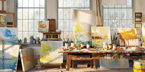 New England Artist's Studio: A sunlit artist's studio filled with canvases in various stages of completion, featuring a large, wooden desk adorned with paints, brushes, and other creative supplies