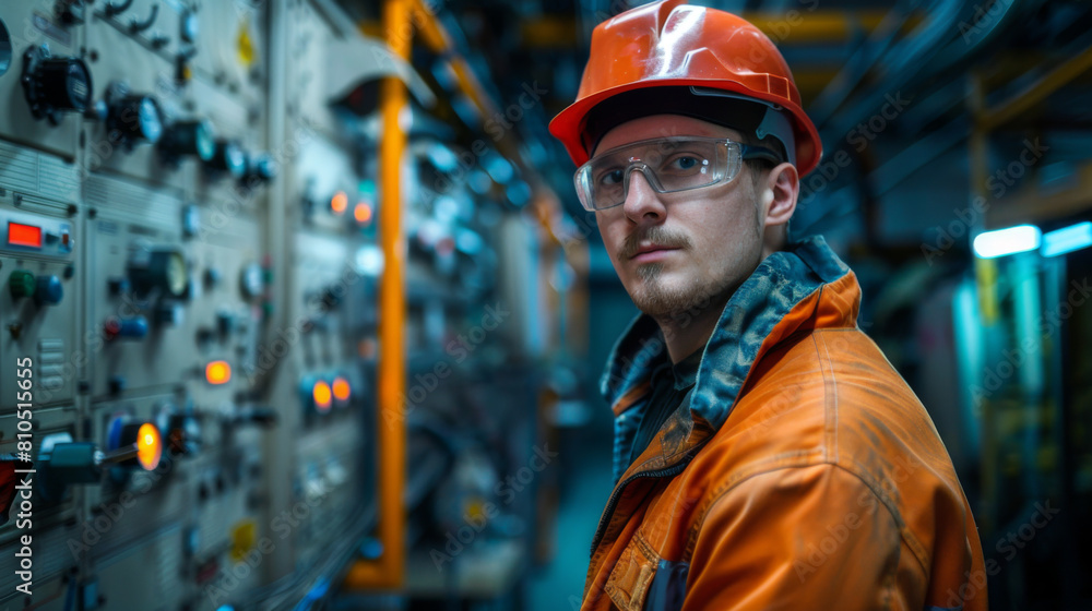 Focused engineer in safety helmet checking control panel in an industrial plant with blue ambient lighting. Focused engineer in safety helmet checking control panel in an industrial plant with blue ambient lighting.