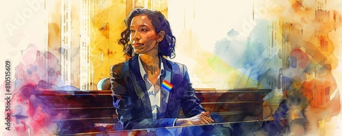 A lesbian lawyer in a courtroom, confidently arguing a case, with the pride flag pin on her blazer, representing the integration of personal identity with professional life photo
