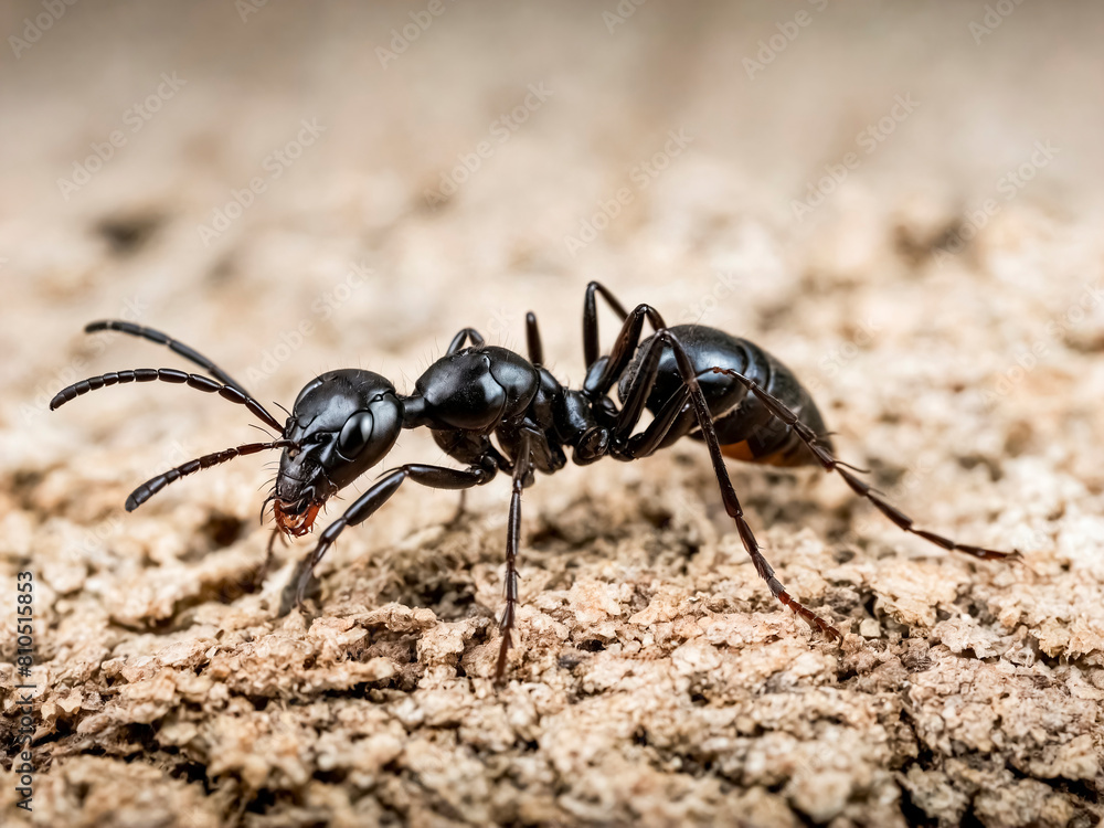 Close-Up of a Black Ant on Rough Terrain