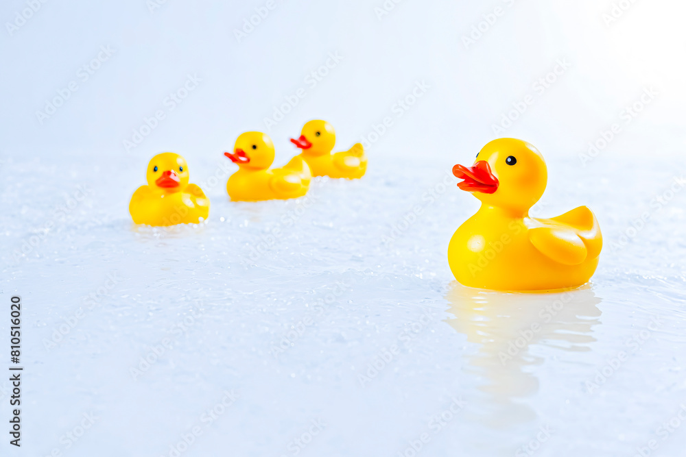 Leading the Flock: A Bright Yellow Rubber Duck and Its Followers on a Wet Surface Leading the Flock: A Bright Yellow Rubber Duck and Its Followers on a Wet Surface