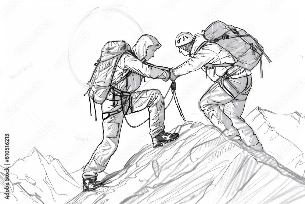 Coloring pages of The struggle of two climber friends who help each other to reach the top of the mountain. Illustration of togetherness and friendship Coloring pages of The struggle of two climber friends who help each other to reach the top of the mountain. Illustration of togetherness and friendship