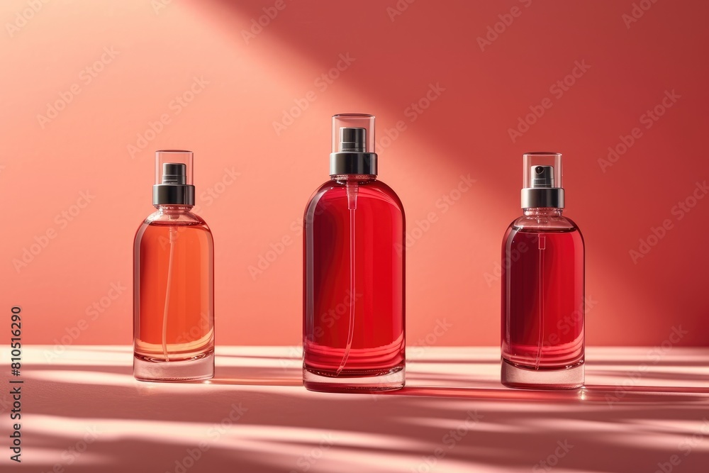 Red cleaning spray, sun rays on red background. Cleaning concept, banner with copy space for cleaning service or eco-friendly article Red cleaning spray, sun rays on red background. Cleaning concept, banner with copy space for cleaning service or eco-friendly article