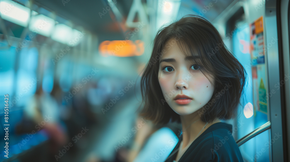 En route to work, a young Asian woman with short black hair appears lost in thought aboard a subway train, with other passengers blurred around her. En route to work, a young Asian woman with short black hair appears lost in thought aboard a subway train, with other passengers blurred around her.