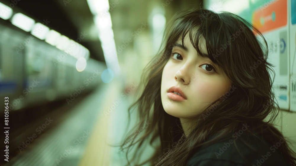 Amidst the bustling city life, a young Asian woman with long hair stands at the station, eagerly awaiting the arrival of the train. Amidst the bustling city life, a young Asian woman with long hair stands at the station, eagerly awaiting the arrival of the train.