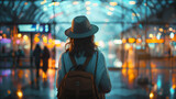 Back view of a young Asian woman traveler at the airport, wearing a hat and carrying a backpack, ready for her journey.