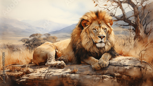 Lion depicted in a digital painting against the backdrop of the African savannah.