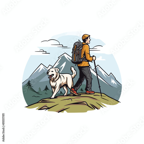 Vector of a hiker and their dog hiking together
