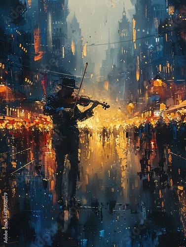Illustrate a scene mixing a violinists silhouette against a shadowy backdrop of a cityscape photo