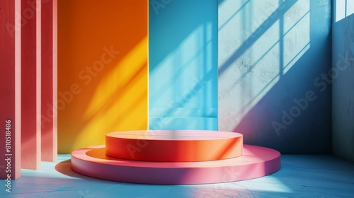3D rendering of a pink podium with a spotlight on it. The podium is surrounded by colorful abstract shapes. photo