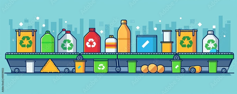Image shows a factory production line with items such as bottles and boxes. The items are being sorted and processed. Image shows a factory production line with items such as bottles and boxes. The items are being sorted and processed.