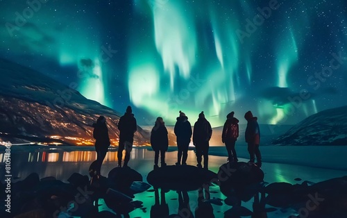 Group of Tourists visiting Tromsø. Stunning beautiful aurora, also known as Northern Lights dance in the night sky. beautiful view photo