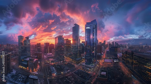 Capture a mesmerizing wide-angle view of a bustling cityscape at twilight, blending a paradoxical mix of solitude and liveliness through vibrant colors and stark contrasts © Nawarit