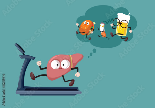 Liver Running on Treadmill Thinning of Unhealthy Habits Concept Illustration. Unhealthy lifestyle affecting internal organ 
