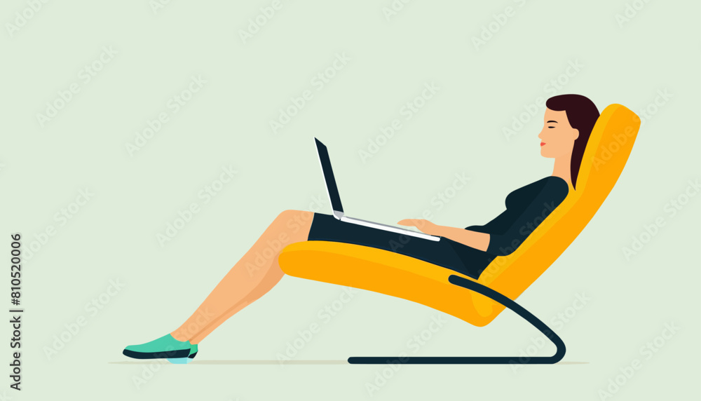 Tech-Savvy Relaxation: A Woman Unwinding with Her Laptop on a Lounge Chair Tech-Savvy Relaxation: A Woman Unwinding with Her Laptop on a Lounge Chair