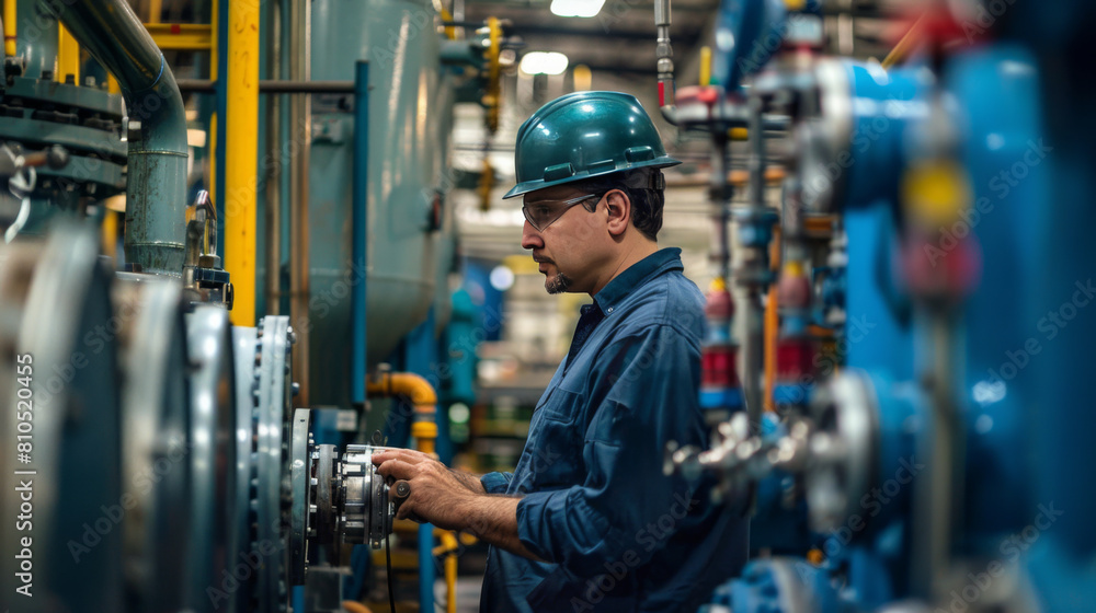 Experienced male worker in blue overalls adjusting complex machinery in an industrial factory setting.