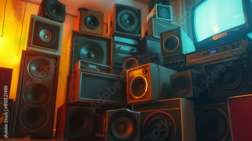 Towering stack of various speakers and electronics in a cozy room at dusk.