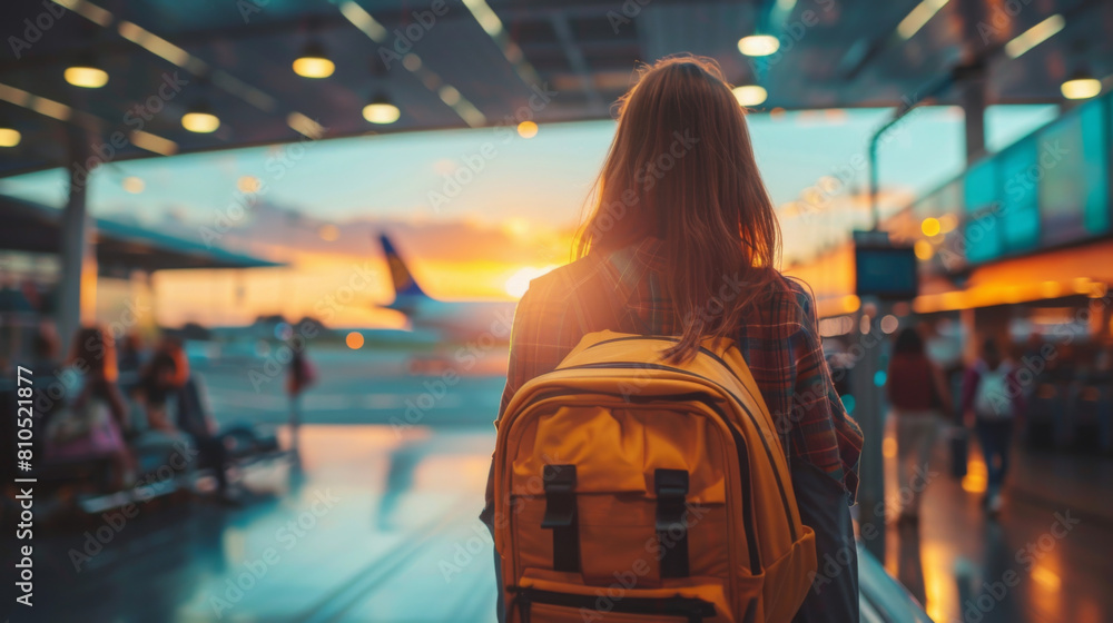 A young woman with a backpack at an airport terminal gazes at a plane against a sunset, symbolizing travel and adventure. A young woman with a backpack at an airport terminal gazes at a plane against a sunset, symbolizing travel and adventure.