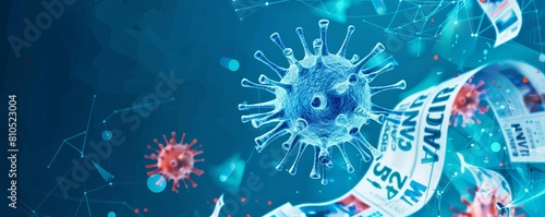 This image shows a virus particle up close. The virus is surrounded by a blue background. The virus is red and has a spiky outer coat.