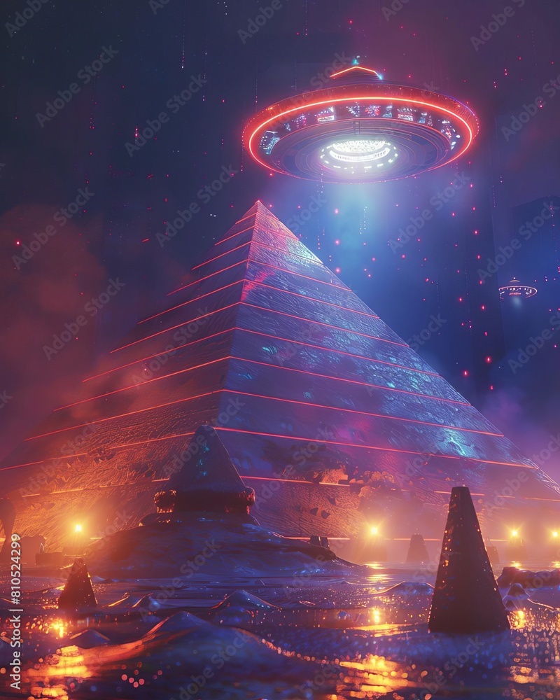 A pyramid bathed in neon glows as a UFO hovers above, illuminating the ...