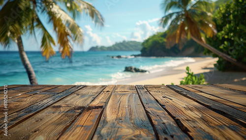  A wooden table top with a tropical beach background  with the sun setting in the distance and palm trees growing along the shore. Created with Ai