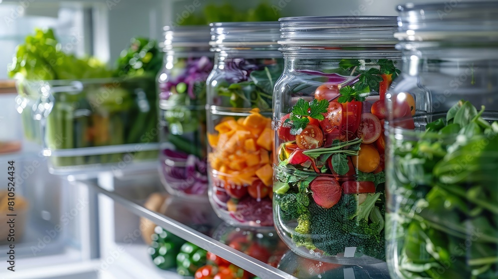Open refrigerator stocked with vibrant vegetables and mixed salad ingredients in transparent jars for easy access.