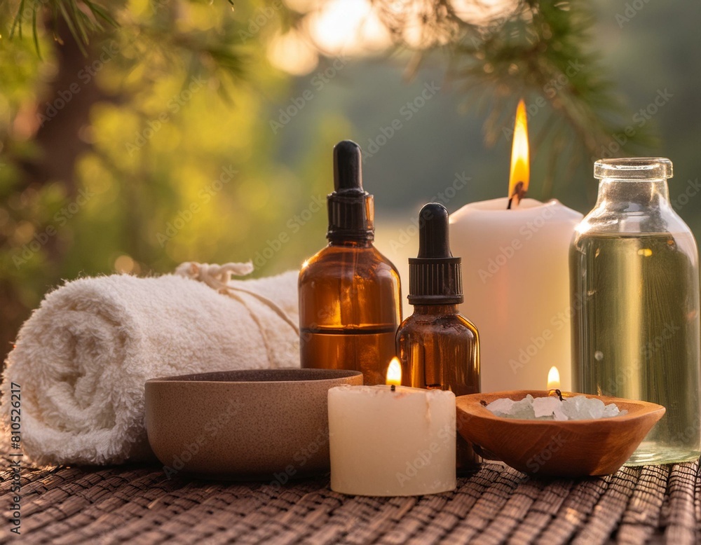 Wellness and Spa spa accessories, candles, essential oils, and bath salts in a peaceful setting Wellness and Spa spa accessories, candles, essential oils, and bath salts in a peaceful setting