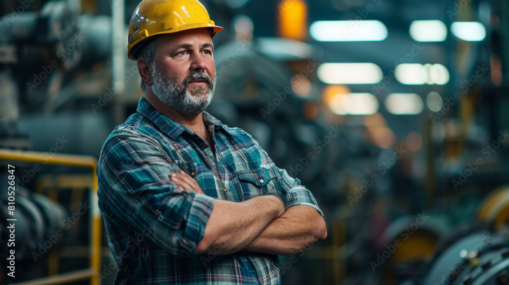 Middle-aged man with beard wearing a hard hat and plaid shirt stands confidently in a busy factory environment. Middle-aged man with beard wearing a hard hat and plaid shirt stands confidently in a busy factory environment.