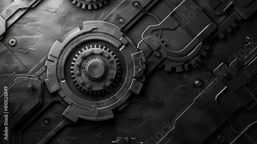 Black and white industrial steampunk grunge background with metal gears photo