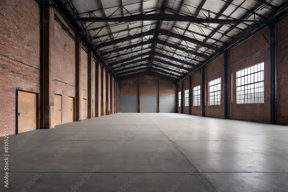 Empty concrete hallway with bright lights in an empty industrial warehouse building factory