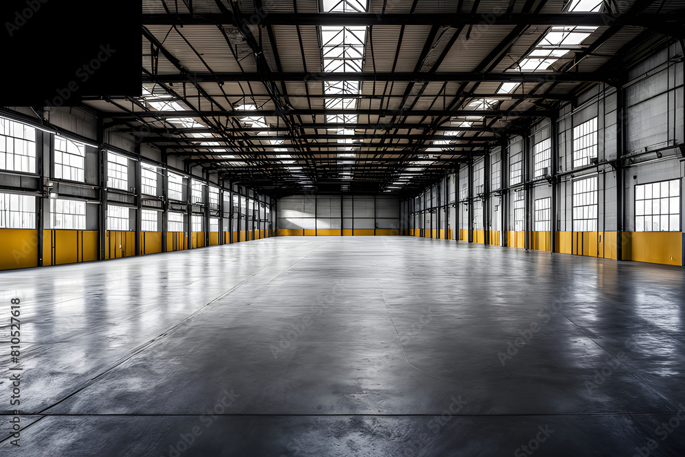 Empty concrete hallway with bright lights in an empty industrial warehouse building factory