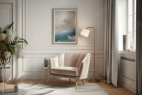 Modern Living Room, Beautiful Canvas Wall Art Picture Frame 3D Mockup. Beige Sofa, Armchair, Lamp, House Plant. Interior Design