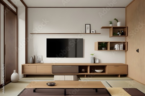 "Harmony in Simplicity: Japanese Minimalist Interior Design of Modern Living Room, Home, Featuring Wooden Sideboard Against Wall with Wall Decor"