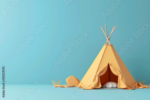 3D cartoon camping tent on color background.
