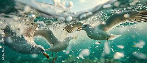 Birds feeding on microplastic-laden fish, illustrating the transfer of pollutants up the food chain